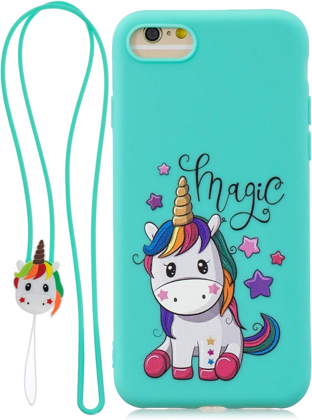 HopMore compatible with Case Huawei Y6 2018 / Honor 7A Silicone with Cute Lanyard Panda for Girls Women Boys, Soft Gel Shockproof Protective Cover Slim Thin Rubber - Green Unicorn