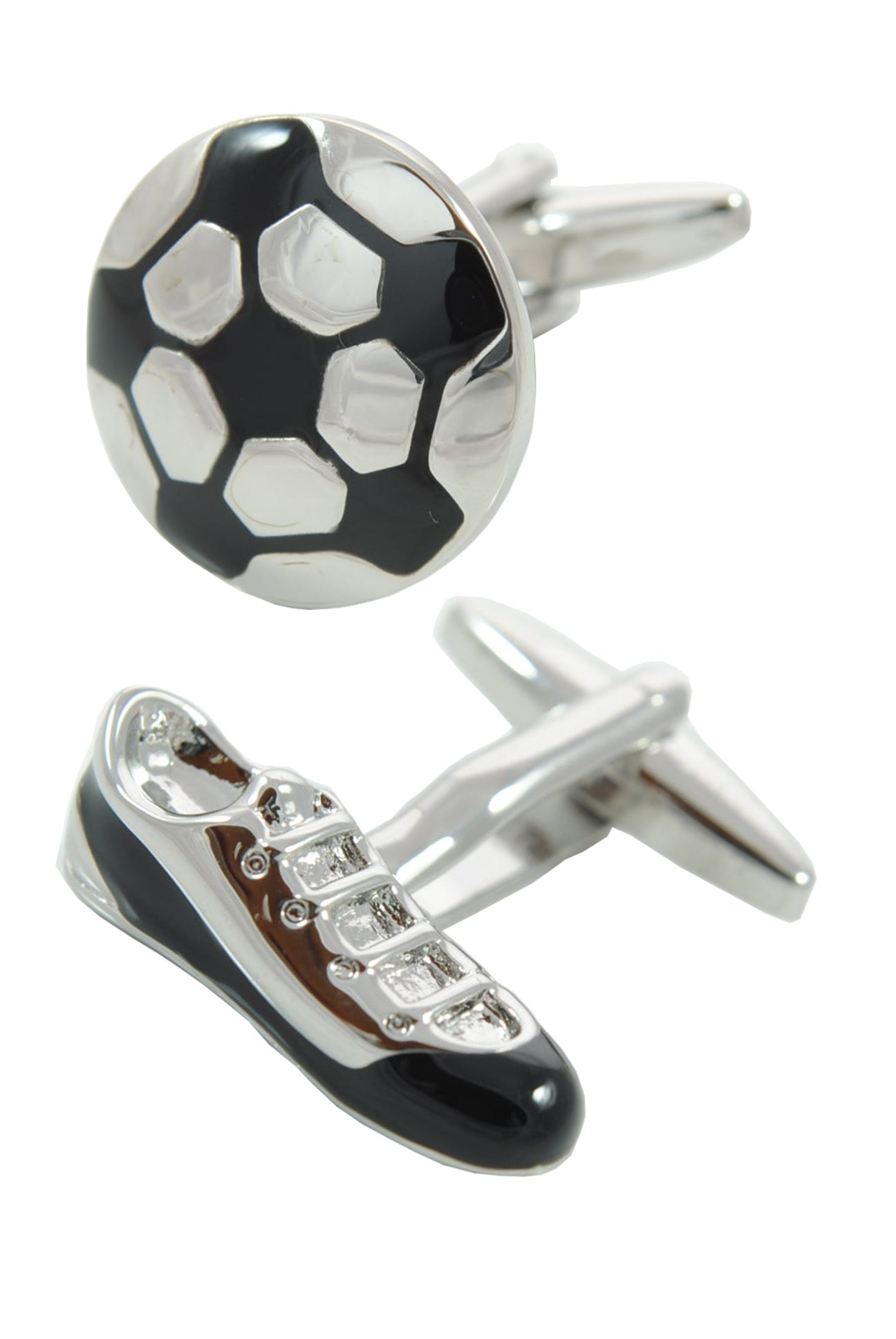 Cufflinks for Men + Presentation Box - Football Silver and Black Colours - Football and Boot - Solid Brass Metal - Sport Fan Match Game Round Soccer - One Pair
