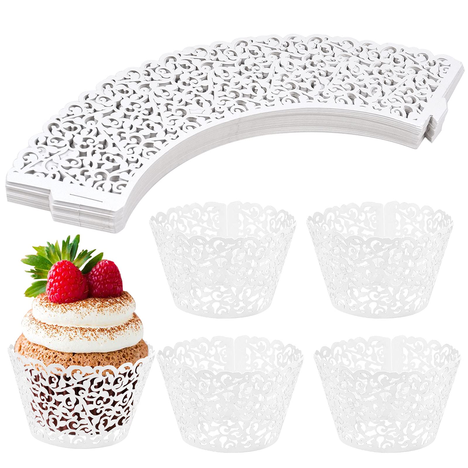 Chstarina 50pcs Pearly Paper Cupcake Wrappers, Vine Lace Cupcakes Liners, Baking Cake Cups Wraps, Cupcake Muffin Papers Holders for Wedding Birthday Party Decoration (White)