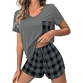JUSTFASHIONNOW Pajamas for Women Shorts Set V Neck Casual Summer Lounge Sets Loungewear Sleepwear 2 Piece Pjs Sets