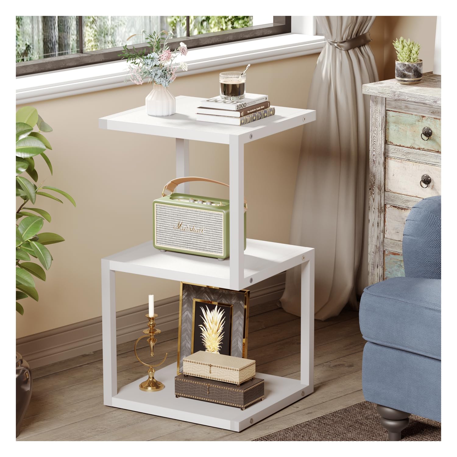 Photo 1 of Asgolion Side Table with 3-Tier Storage, S-Shape Bedside End Table for Small Spaces, 29.5'' Tall Nightstand for Living Room, Bedroom, Nursery, Easy Assembly, White