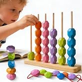 TXTLDB 4-in-1 Wooden Bead Sequencing Sorting Toy for Toddler 3+ | Stringing, Stacking, Color matching, Column play, Montessori fine motor skills, Educational gift for toddlers
