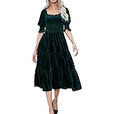 Umimore Women's 2025 Velvet Midi Dress Fall Winter High Waist Puff Short Sleeve Square Neck Smocked Tiered Ruffle Swing Dress