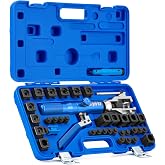 OMT Hydraulic Flaring Tool Kit, Brake Line Set with Cutter &amp; Deburring | For Copper, Fuel &amp; Transmission Lines; 45&deg; &amp; ISO Dies 3/16-1/2 &amp; 4.75-10mm; 42CrMo Steel Yoke; Precision Deburring Tool
