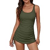Eomenie Women's One Piece Swimdress Swimsuit with Drawstring Tummy Control Bathing Suits Push Up Swim Dresses with Bottom