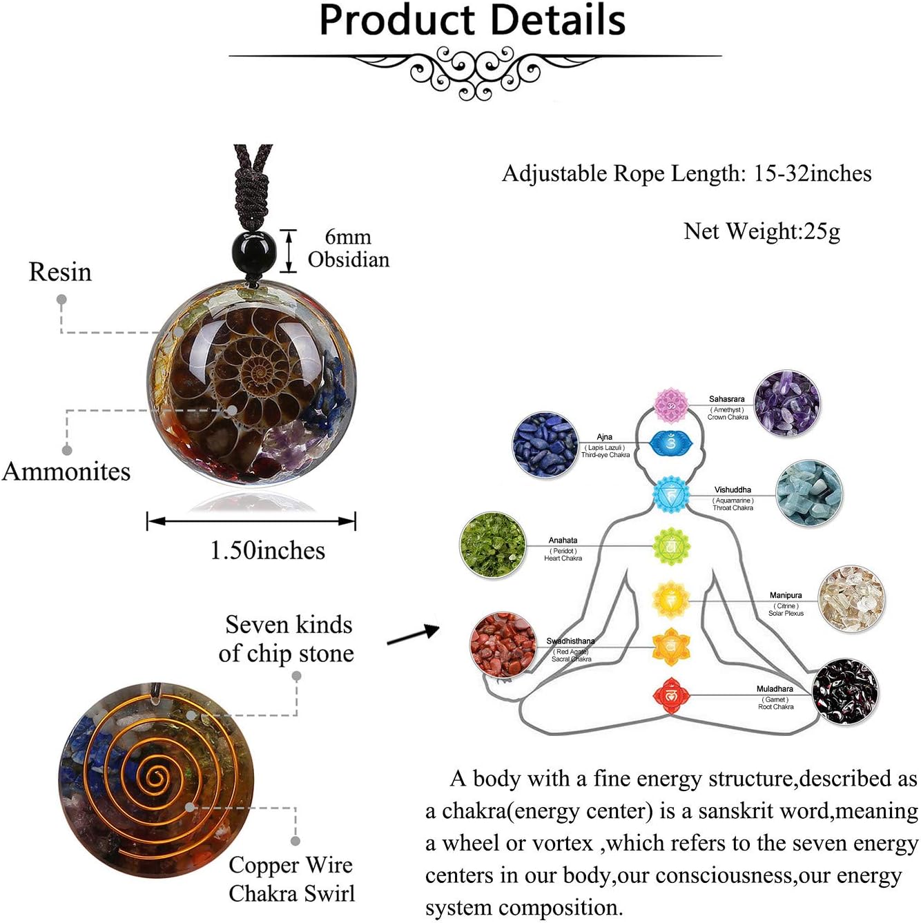 JOVIVI 7 Chakra Healing Crystal Stone Necklace Ammonite Fossil Natural Round Gemstone Spiral Protection Amulet Pendant Necklace for Women Men Jewellery - Image 3