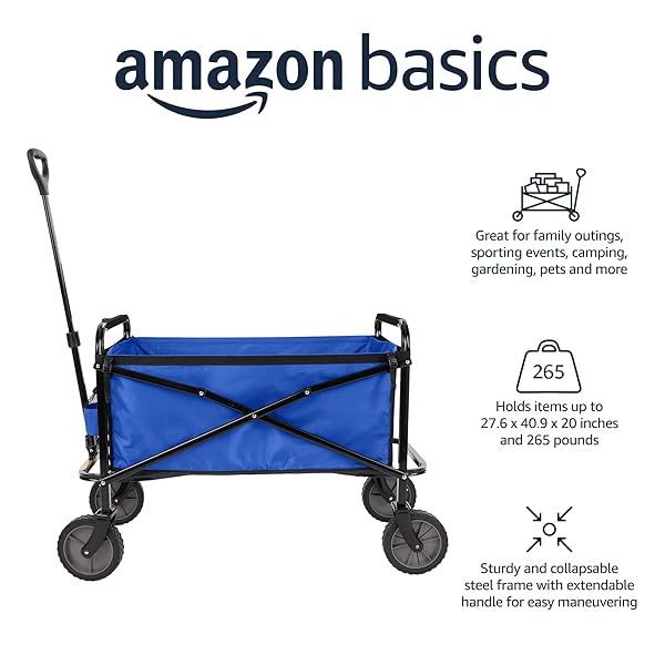 AMAZON BASICS COLLAPSIBLE HEAVY DUTY UTILITY WAGON FOR OUTDOOR SPORTS, CAMPING, GARDEN, AND SHOPPING, VERSATILE, EASY TO STORE, 265 POUNDS CAPACITY, 27.6 X 40.9 X 20 INCHES, BLUE