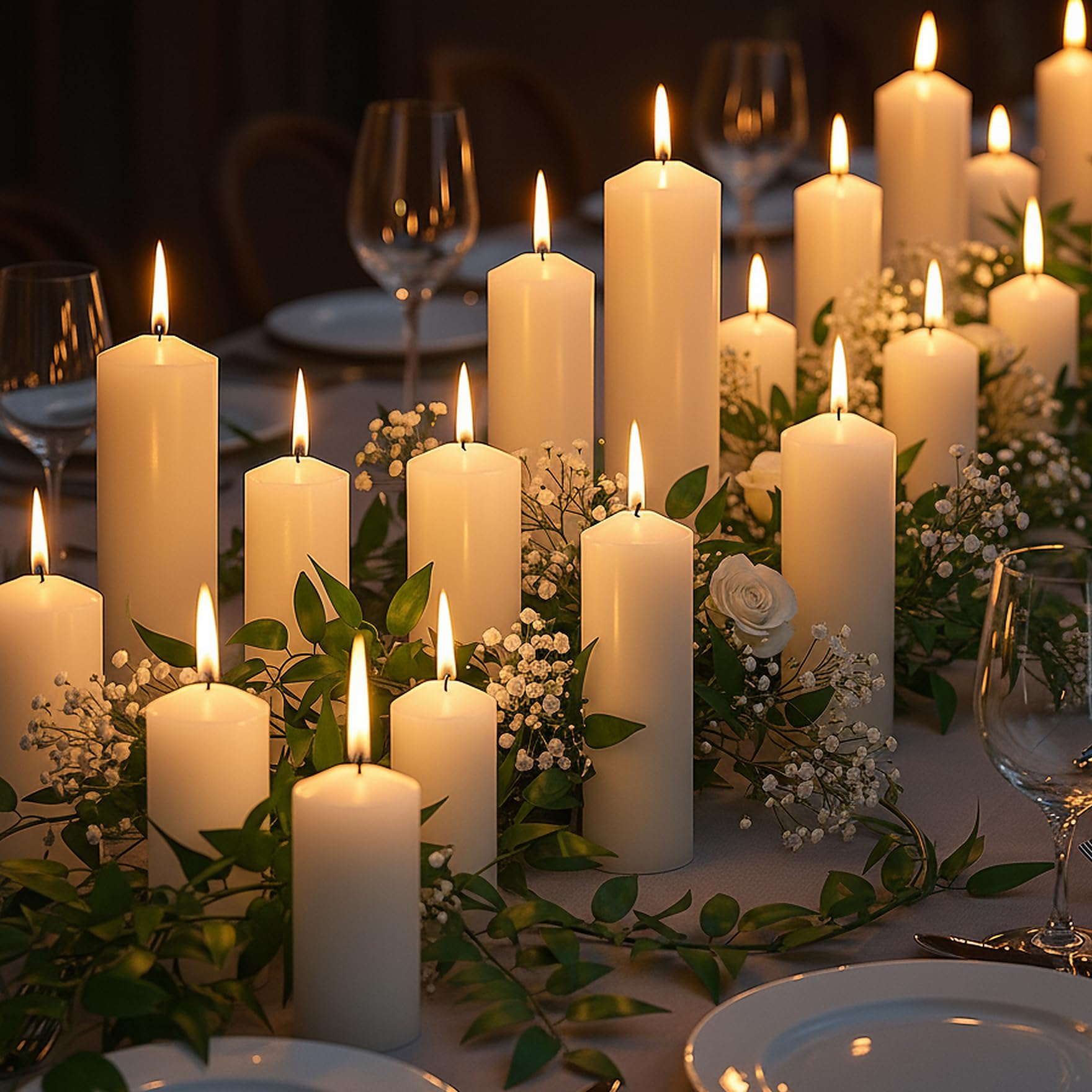 Photo 1 of Veiuwa 18 Pcs Ivory Pillar Candles Bulk Set?2x3 2x6 2x8 Inch - 12 Each Size?Hurricane Candles?Dripless Unscented Smokeless?Gives You a Better Atmosphere When Organizing Wedding or Event Party.