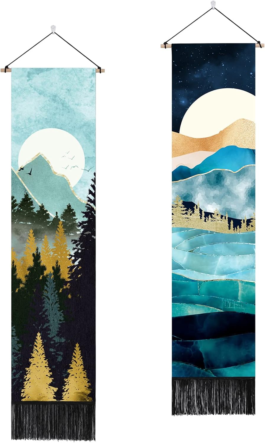 Tapestries - AWAYTR Long Mountain Tapestry Wall Hanging - 2PCS Forest Tree Sunset Starry Night Sky Nature Landscape Tapestries for Bedroom (Forest)