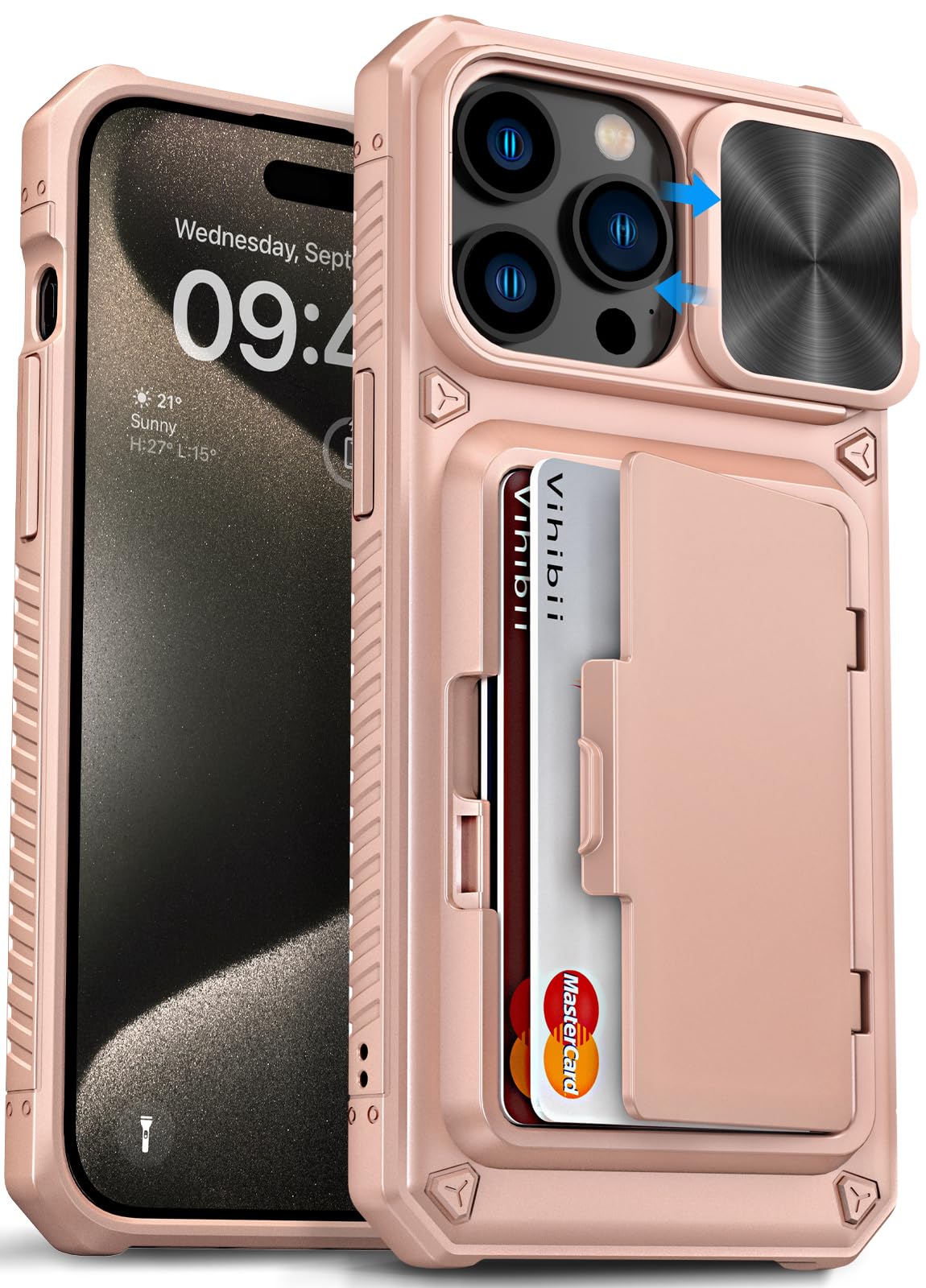 Vihibii for iPhone 15 Pro Max Case with Card Holder (4 Cards) & Slide Camera Cover & Kickstand, Military Grade Drop Protection, Rugged Hard Back & Silicone Edge Wallet Phone Case, 6.7" 2023, Rose Gold — image 1