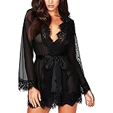 RSLOVE Women Lace Kimono Robe Sexy Babydoll Lingerie Mesh Cover Up Bridal Lingerie