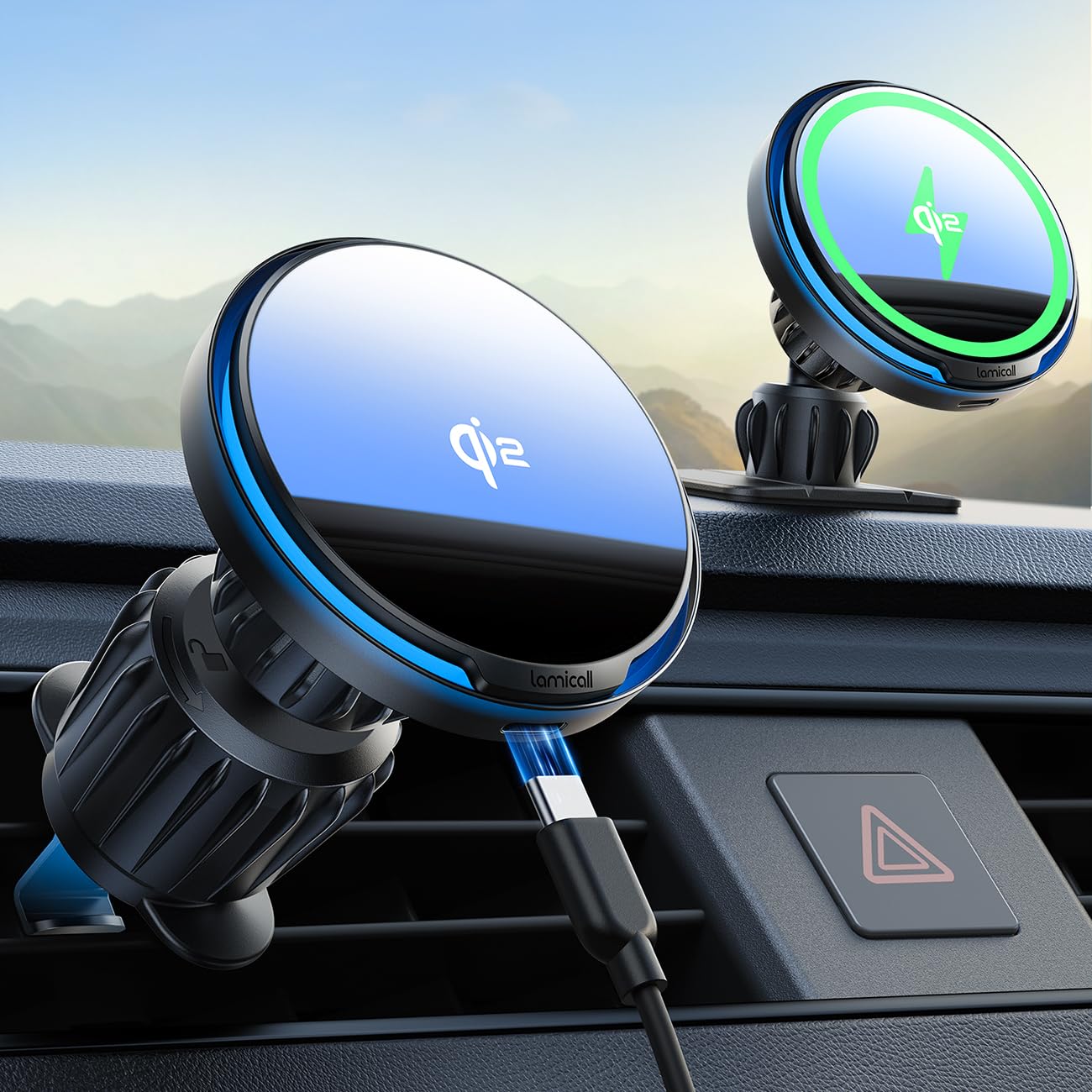 Lamicall 15W for QI2 Magsafe Car Mount Charger - 【RGB LED】360° Wireless Car Phone Holder Vent Dashboard, HandsFree Magnetic Phone Holder for Car Charging for iPhone 17 Air Pro Max Plus 16 15 14 13 12