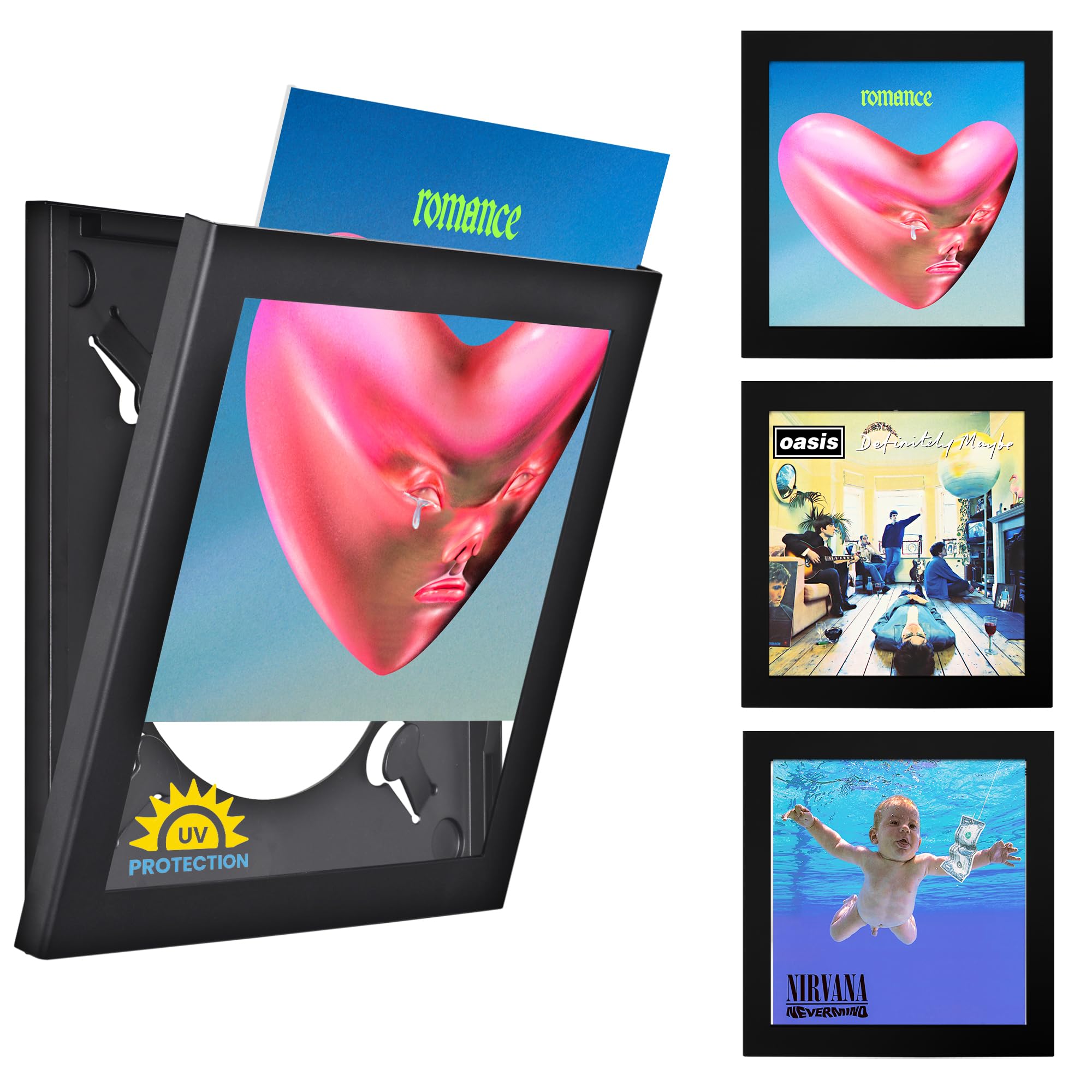 Art Vinyl Play and Display Record Frame 3 Pack, Holds Single or 1–3 LPs/Double LP Gatefold Sleeve | 15" x 15" Matte Black Flip Frames with UV Protection, Scratch-Resistant Acrylic, Easy Wall Mount — image 1