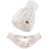 Women Winter Beanie Hat Gloves Set Pom Hat with Warm Fleece Lined Touchscreen Gloves for Cold Weather