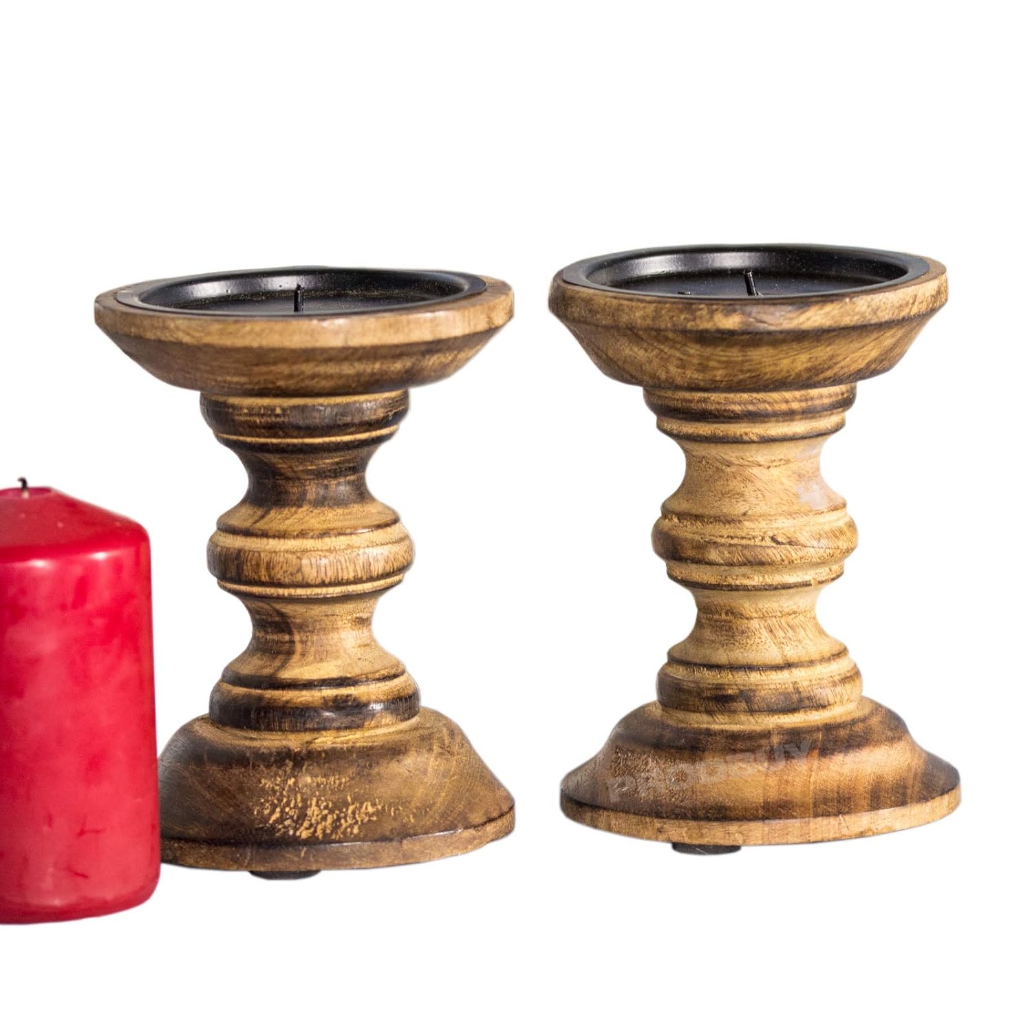 ProdBuy_Ltd Set of 2 Wooden Pillar Candle Holders (Brown Design One