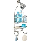 iDesign York Metal Wire Hanging Shower Caddy, Satin Silver | Extra Wide Space, 9.75" x 4" x 22", Hooks for Razors, Towels, For Shampoo, Conditioner, Soap