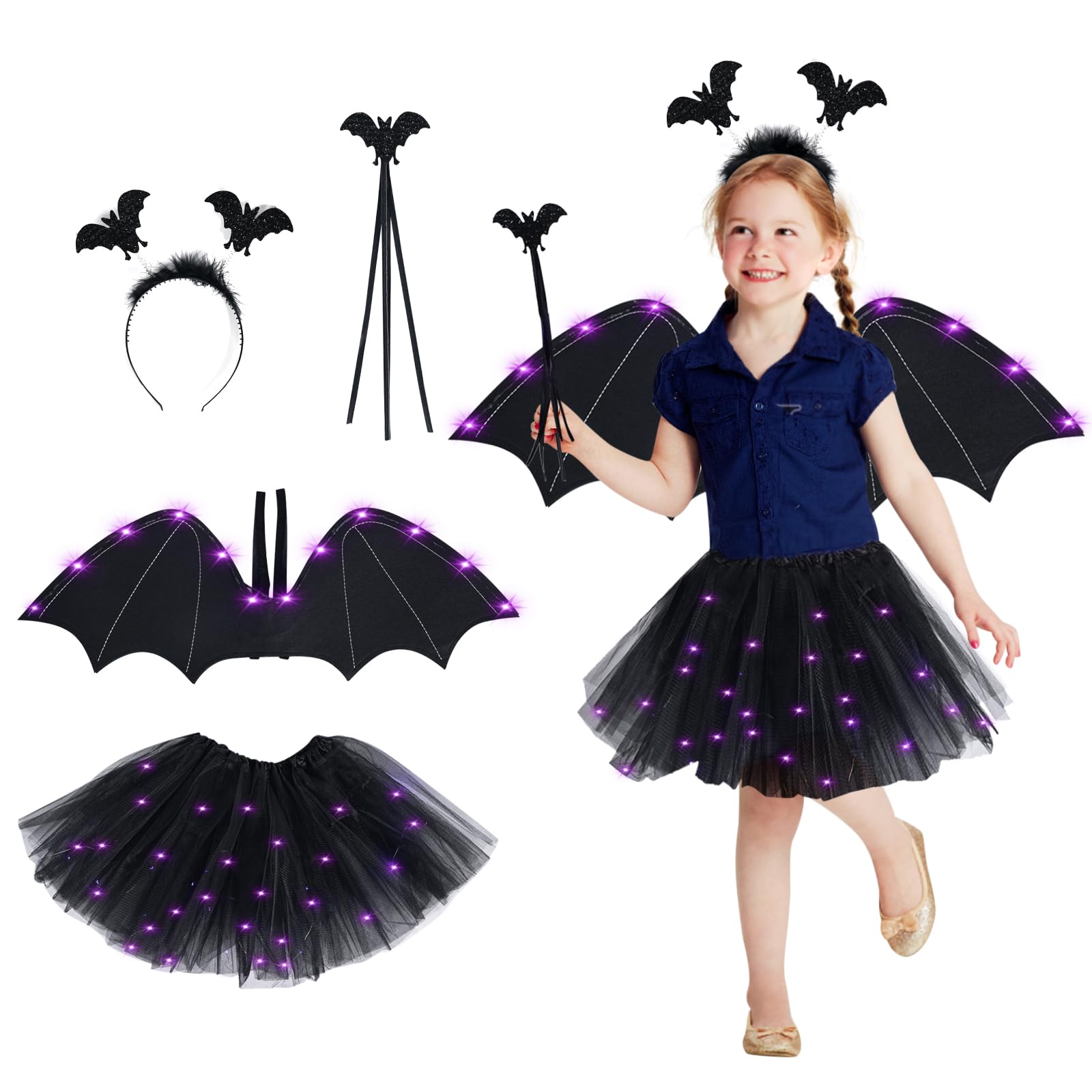 Photo 1 of Simihiran 4 Pack LED Halloween Bat Costume for Girls Bat Wing Tutu Skirt Set Headband Magic Wand For Halloween Dress up Cosplay