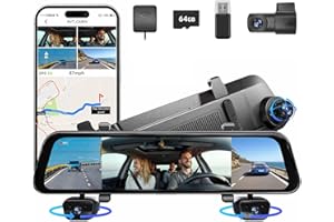 GLORYES 2025 Rear View Mirror Camera, 4 Channel Mirror Dash Cam Front and Rear Inside, 12" Touch Screen 360° Dash Camera for Cars, Wi-Fi, APP, GPS, IR Night Vision Backup Camera, Free 64GB SD Card
