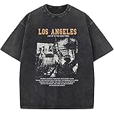 Pairxily Oversized Graphic Tshirts for Men Acid Wash Los Angeles Vintage Tees Streetwear Baggy Cotton Shirts Casual Tops
