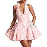 Azhong Women's Summer Backless Deep V Neck Halter Jacquard Mini Dress A-line Ruffle Lace Up Back Bow Short Dress