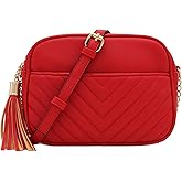 FashionPuzzle Chevron Quilted Crossbody Camera Bag with Chain Strap and Tassel