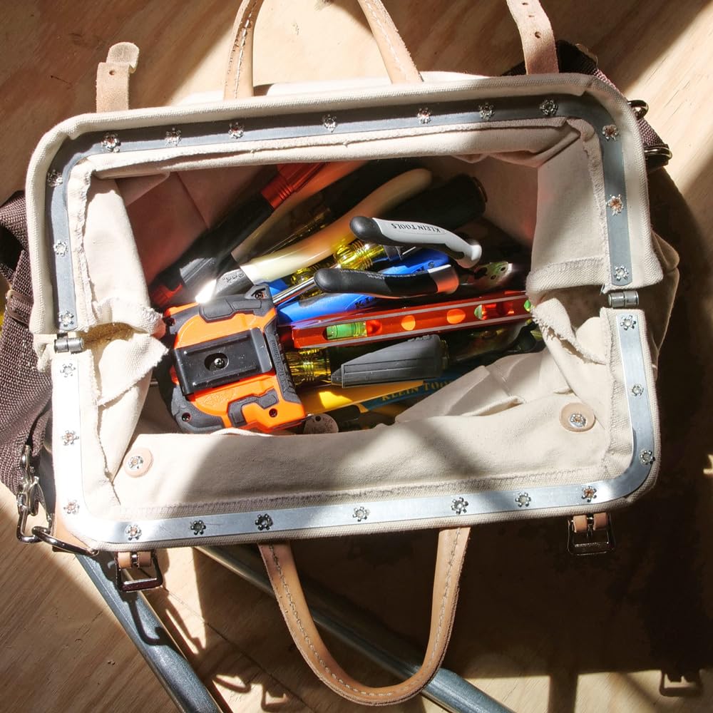 Klein Tools 5102-16SP Deluxe Canvas Tool Bag Made of Natural Canvas with 13 Interior Pockets and Detachable Shoulder Strap, 16-Inch