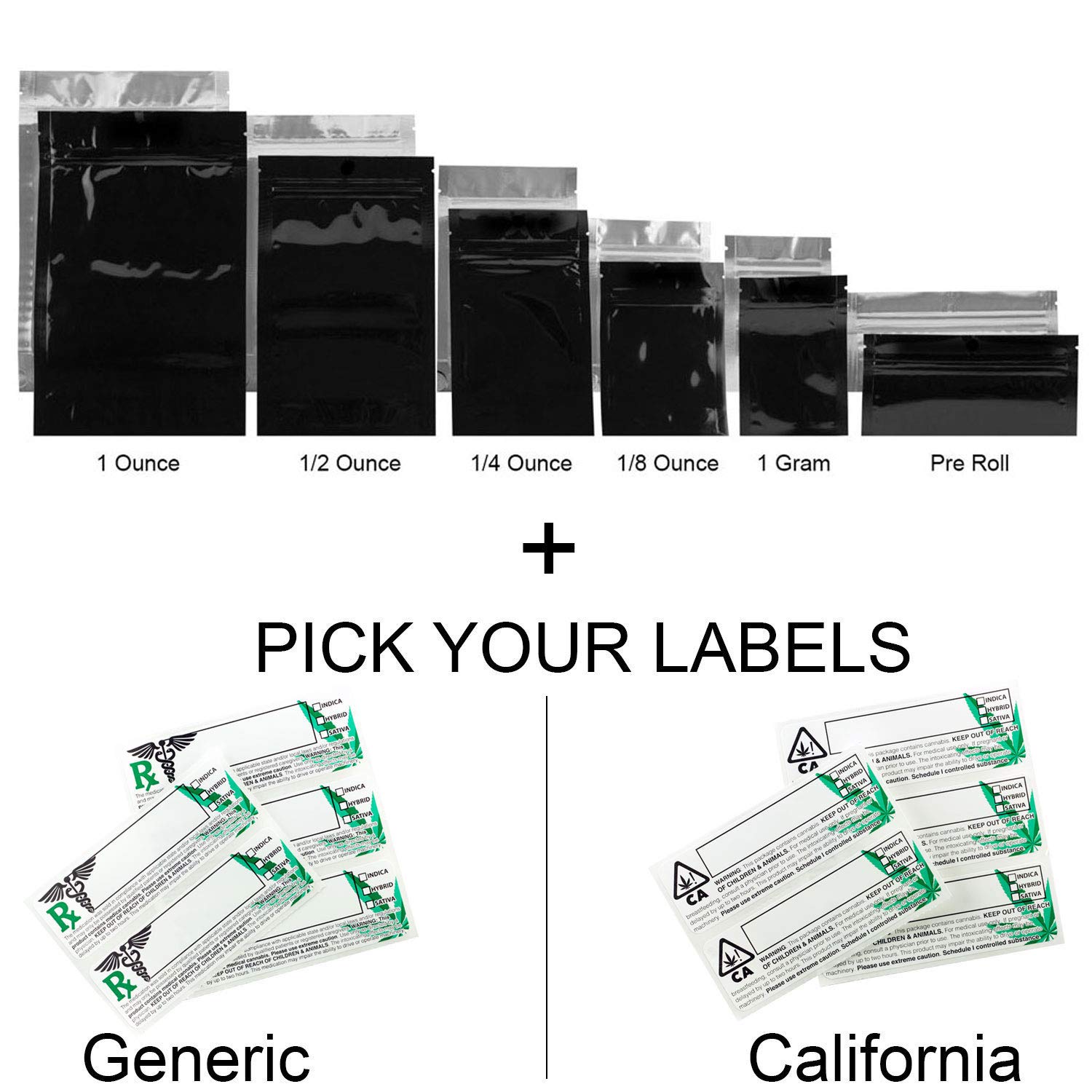 1 Ounce Bags, California Labels 100 Black Smell Proof Mylar Bags w/Rx