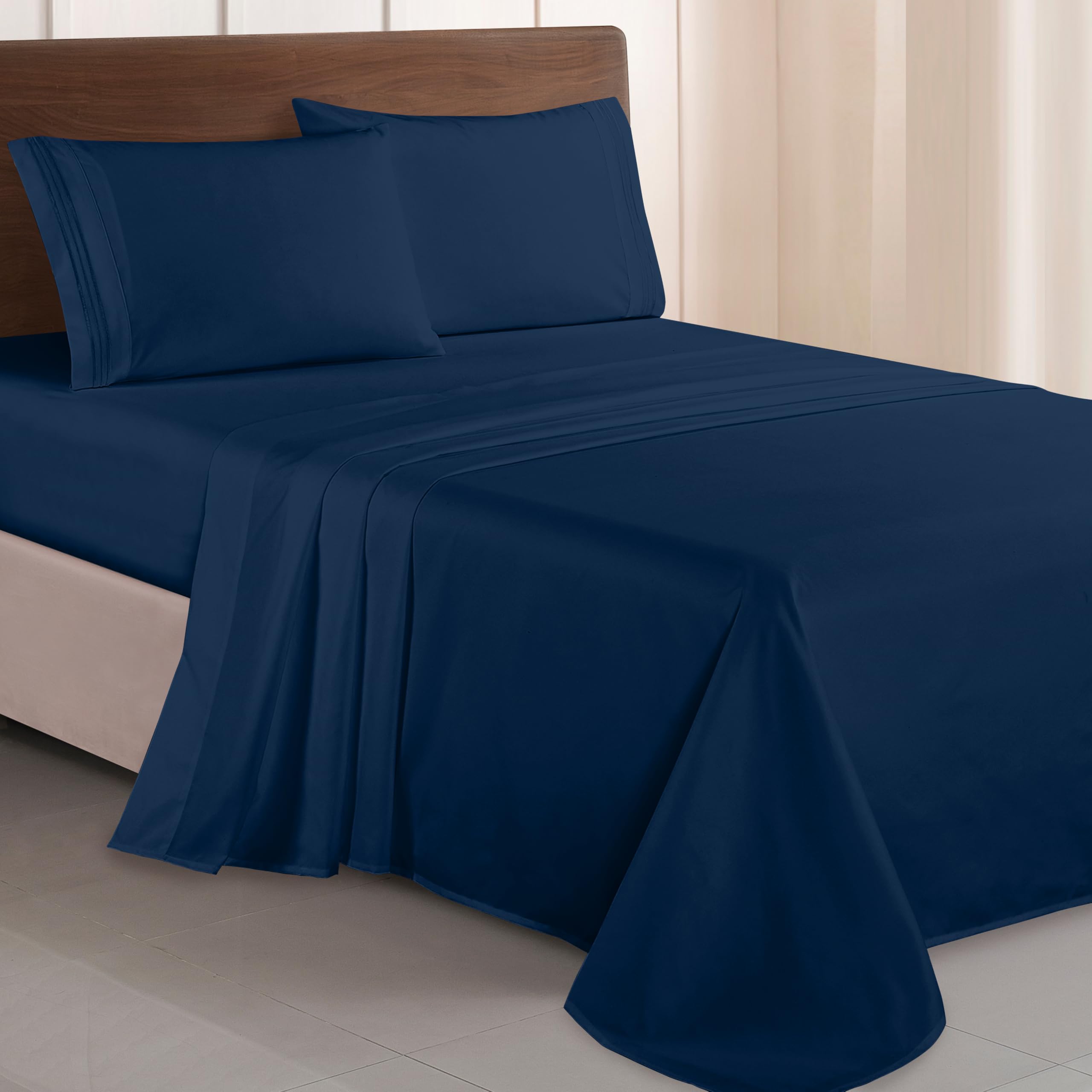 Elegant Comfort Luxurious 1500 Thread Count Egyptian Quality Three Line Embroidered Softest Premium Hotel Quality 4-Piece Bed Sheet Set, Wrinkle And Fade Resistant, Twin/Twin XL, Navy Blue