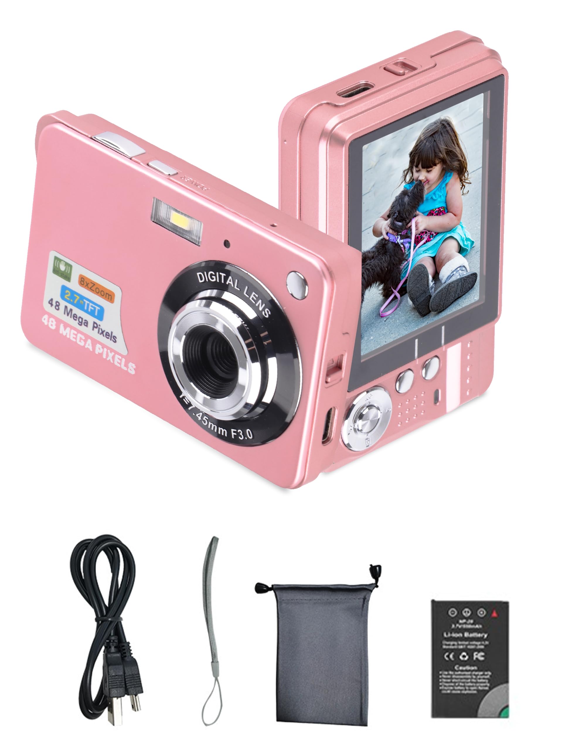 Mini Digital Camera, 8x Zoom, 2.7in Screen, with Fill Light, Rechargeable and Memory, 4K 48MP, Vlogging Camera for Kids, Students, Teenagers Gifts (Pink)