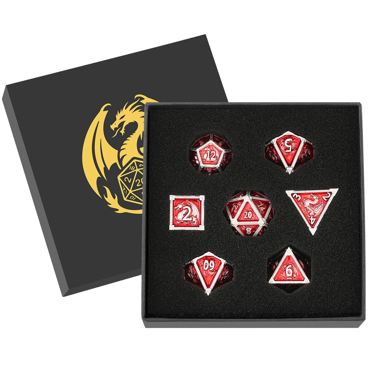 Metal Dice Set, Dragon Pattern, 7pcs Polyhedral Metal DND Dice Set, DND Starter Set, D&D Gifts with Gift Box, Role Playing Board Games Accessories, Red β image 1