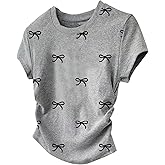 OYOANGLE Girl's Bow Tops Graphic Tee Short Sleeve Crew Neck Side Ruched Tshirts