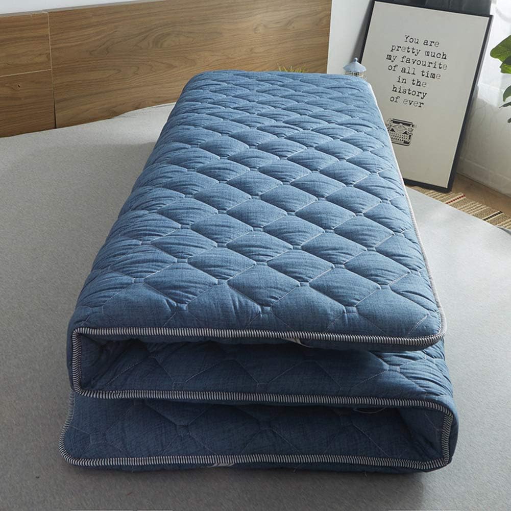 Japanese Floor Futon Mattress, Thicken Foldable Sleeping Mattress Soft Breathable Roll Up Tatami Mat Not-Slip Mattress Topper-Blue 150x190cm(59x75inch)
