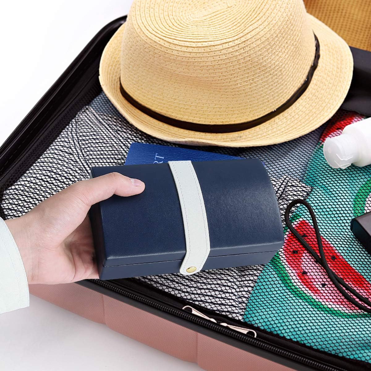 Travel Jewelry Box for Women, JOMARTO Two-Layer Jewelry Display Case PU Leather Jewelry Organizer for Necklace Earring Rings Compact Portable Jewelry Box with Button- Navy Blue: Home Improvement