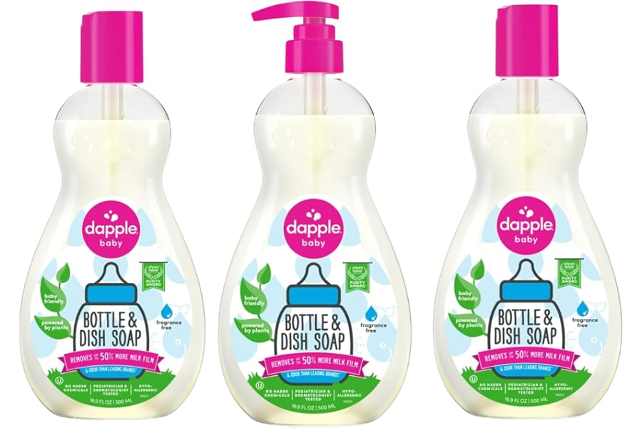 Dapple Baby Fragrance Free Bottle & Dish Soap - (3 Pack) 16.9 fl oz - Cleans Baby Bottles, Sippy Cups, Pacifiers, Breast Pumps, & More - Gently Removes Milk Film & Odors - Includes 1 Pump