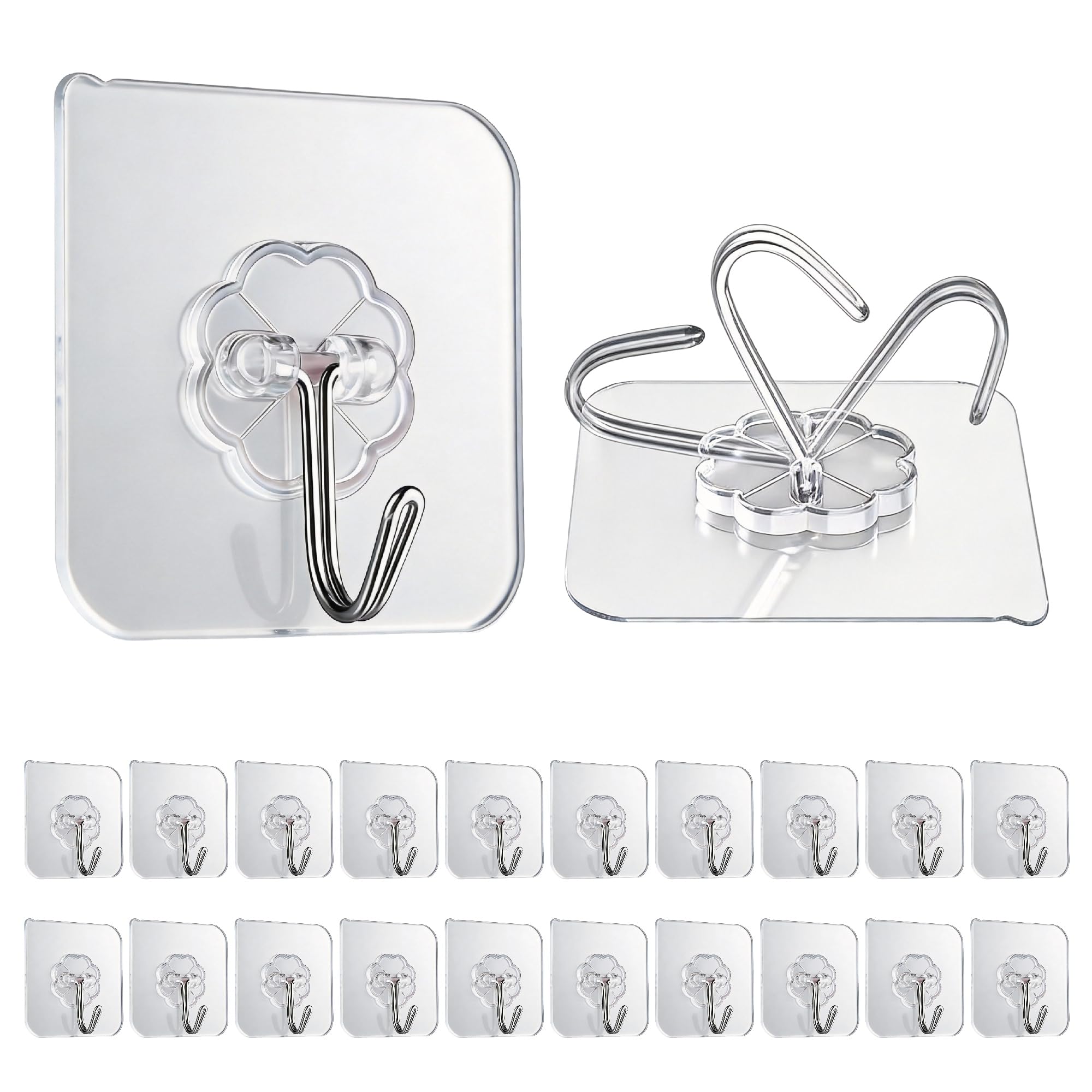 GEPUTING 20-Pack Heavy Duty Self Adhesive Wall Hooks, Holds 15kg Max - Transparent Waterproof & Oilproof Hooks for Bathroom, Kitchen, No Drilling Strong Adhesive Holds Towels, Robes, Coats, Utensils