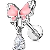 OUFER Dangle Butterfly Cartilage Earrings Studs, Silver 16G Helix Earrings Flat Back Internally Threaded Helix Cartilage Tragus Piercing Jewelry for Women Men-6MM