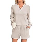 Braroz Womens Ribbed Knit 2 Piece Lounge Sets Outfits Long Sleeve Top and Shorts Pajama Sets Loungewear with Pockets