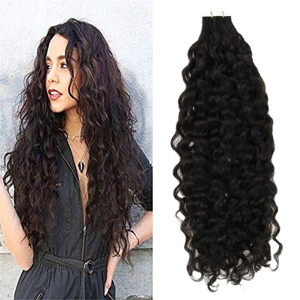 LaaVoo 12 inch Tape in Remy Human Hair Natural Wave Hair Extensions Invisible Hidden Tape Hair Extension Color Natural Black 50gram 20 Pcs