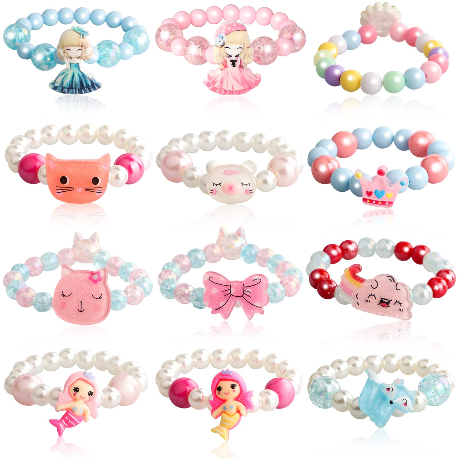 HLenyoy 12PCs Girls Colorful Bracelet, Crown Kitten Mermaid Fox Clouds Princess Stretchy Beaded Bracelet