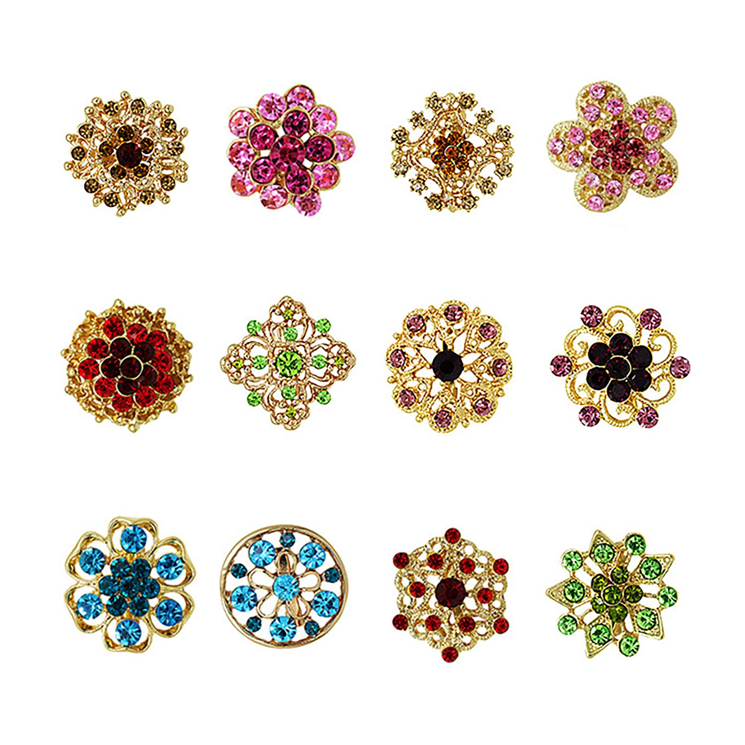 Luckious Brand 12 PCS Crystal Button Brooches - Rhinestone Scarf Buckle, Floriated Brooches Pins for DIY Corsage Bouquets - Hand Bouquet Costume Accessories