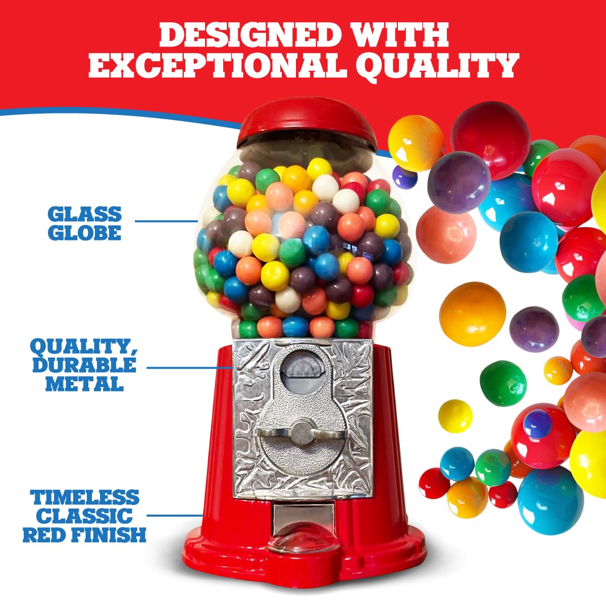 American Gumball Company - Metal 11-Inch Retro Style Red Gumball Machine, Made For 0.62 Inch Gumballs, Candy or Nuts, Accepts Any US Coin