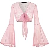 Womens Valentine Long Sleeve Tie Front Mesh Sheer V Neck Shirt Soild Party Sparkly Sexy Clubwear Crop Top S