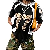 WDIRARA Women's Leopard Number Print Jerseys Oversized Colorblock Drop Shoulder Crew Neck Short Sleeve T-Shirt