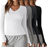 Oakgarden 4 Pack Women's Compression Yoga Shirts with Thumb Holes Slim Fit Long Sleeve V Neck Tops Workout Gym Athletic Top