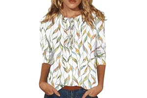 AMOBER Women's 2024 Summer Henley V Neck Button Up Tunic Ladies Loose Fit Tops Flowy 3/4 Sleeve Basic Blouse Tops