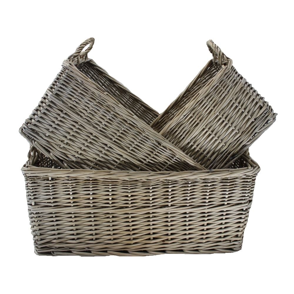 Red Hamper Shallow Antique Wash Storage Wicker Basket Set of 3, Brown