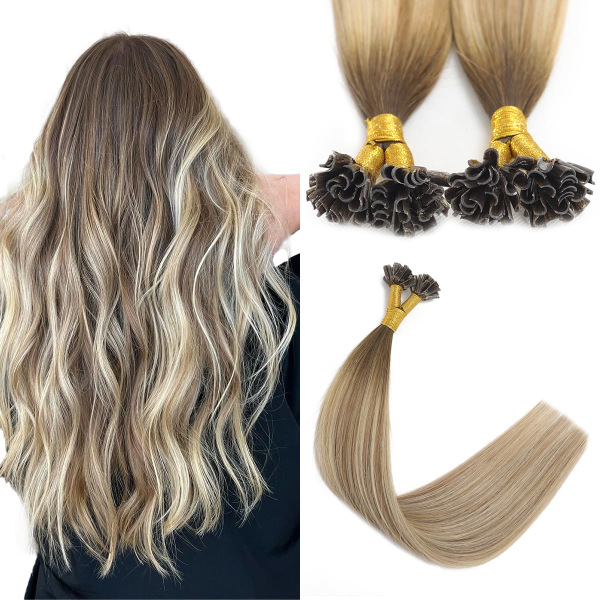 Sindra U Tip Extensions 14 Inch 40 Grams 50 Strands Balayage Ombre Walnut Brown to Ash Brown and Blonde Real Human Hair Extensions Nail U Tip Hair #3/8/22 14inch — image 1