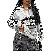 WDIRARA Women's Plus Size Lip Graphic Sweatshirts Gothic Long Sleeve Pullover Tops Streetwear