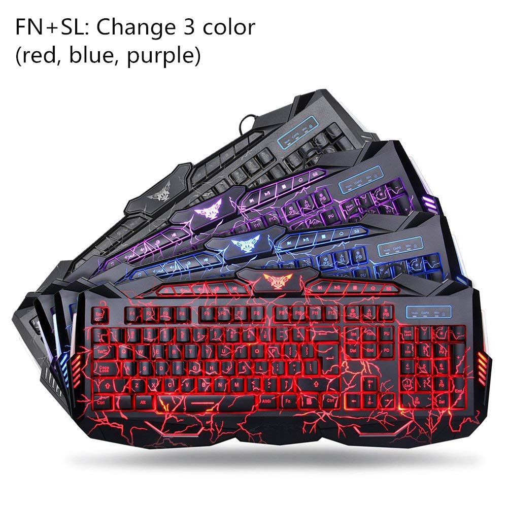 Gaming Keyboard and Mouse Combo Bluefinger USB Wired Lighted Keyboard 3 Color Blue/Red/Purple LED Backlit Crack Keyboard and Mouse Set for Computer Gamer Office