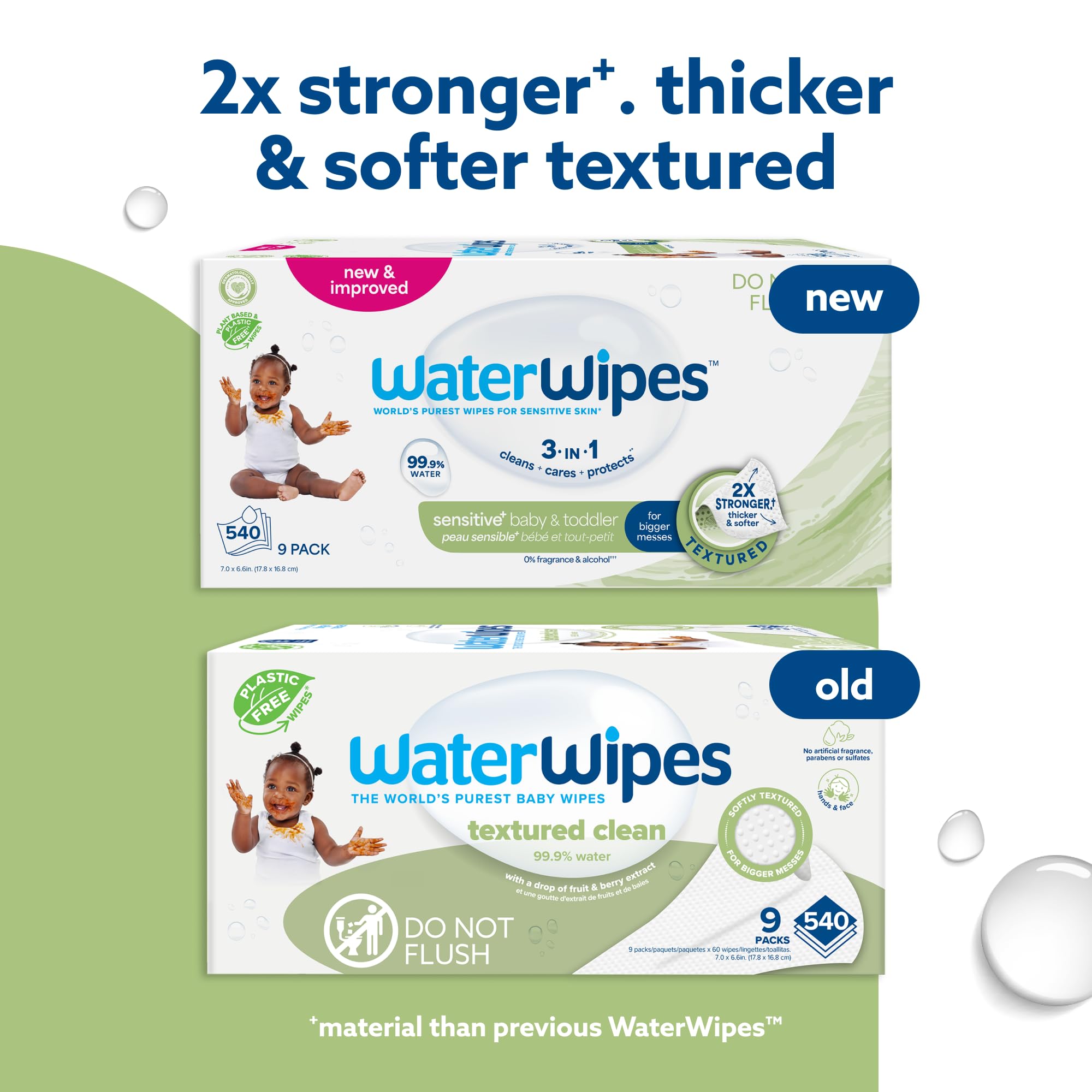 WaterWipes Sensitive+ Baby & Toddler Wipes, 3-In-1 Cleans, Cares, Protects, 99.9% Water, Textured Clean, Unscented & Hypoallergenic, 540 Count (Pack of 9)